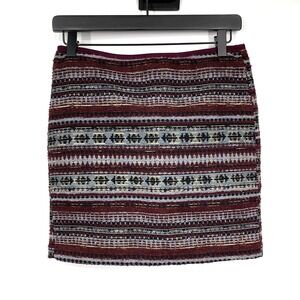 H&M Skirt Womens Size 4 Tweed Burgundy Stripe Mini Gray Metallic